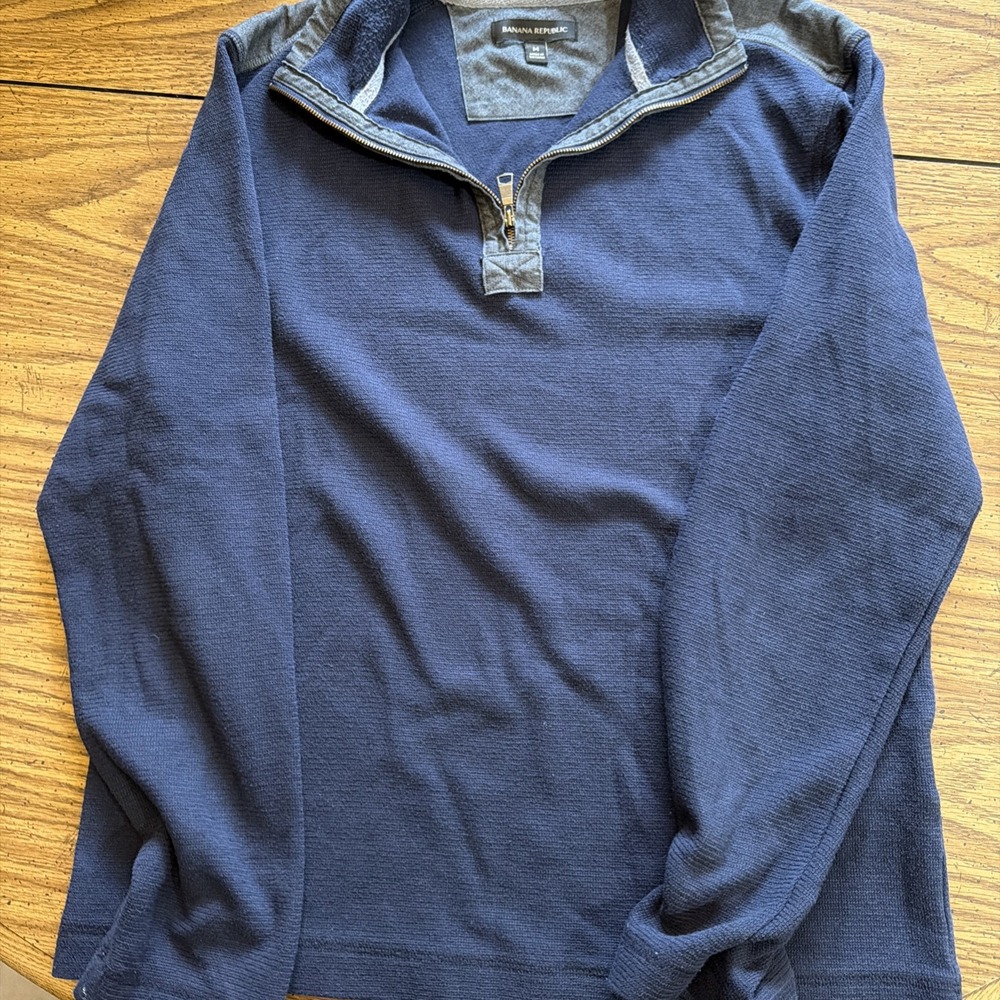 Banana Republic Mens Navy Blue Grey Patchwork Collared Quarterzip Sweater M